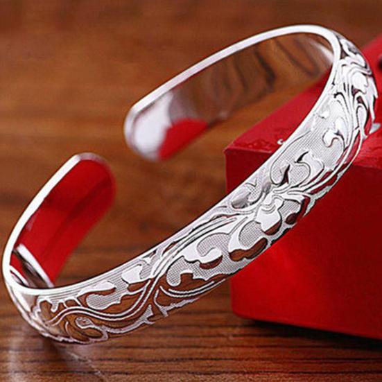 Lady Opening Bracelet Adjustable Circumference Floral Emboss Smooth Polished Wide Wrist Jewelry for Vacation Work Daily Wear