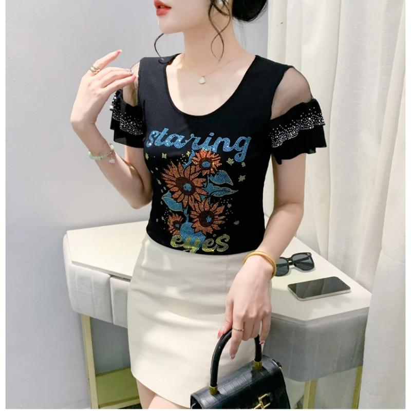 Summer Streetwear Girl Shiny Bling Rhinestone Floral T-shirt Sexy Off Shouler Short Sleeve Tops New Chic Women Elastic Slim Tees