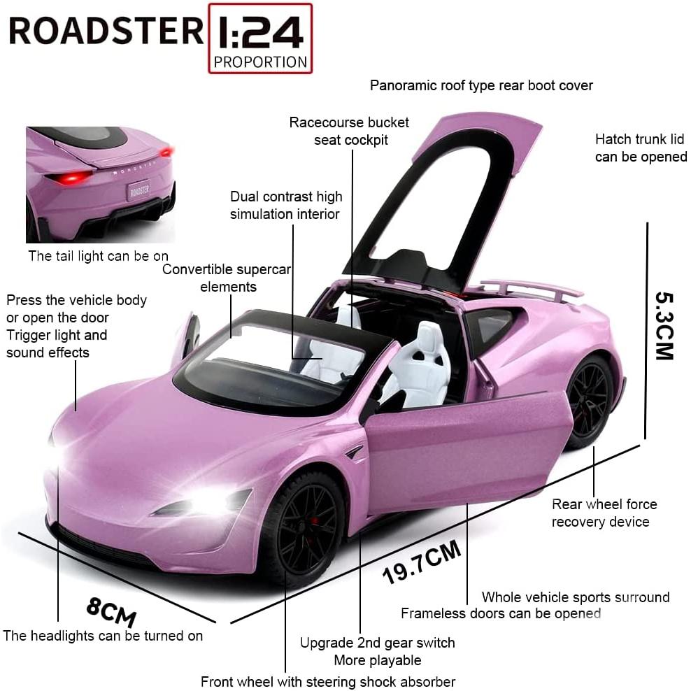 1/24 Scale Roadster Diecast Car Model Toy, Pull Back Toy Vehicle with Sound and Light for Kids Toddler Boys Girls Gift Collection
