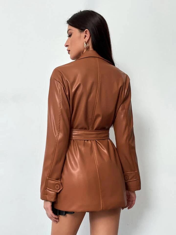 Halloween Casual Stylish Women's Coat Brown Real Lambskin Leather Trench Belted