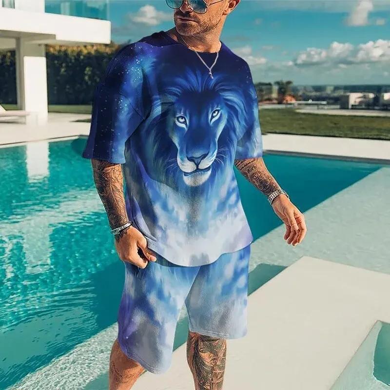Men Cool Lion Tiger T-shirt Set 3D Animal  Print Casual Style T-shirt Shorts Set Summer New Fashion Street Clothing High-quality