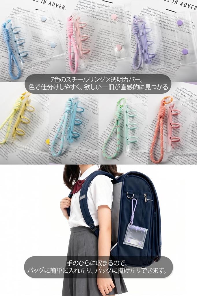 Gomura Transparent Sticker Book for Girls, A8 Size, Peelable Sticker Binder, Cute Sticker Storage, Braided Keychain, 20 Refills, 2 Zippered Pockets,