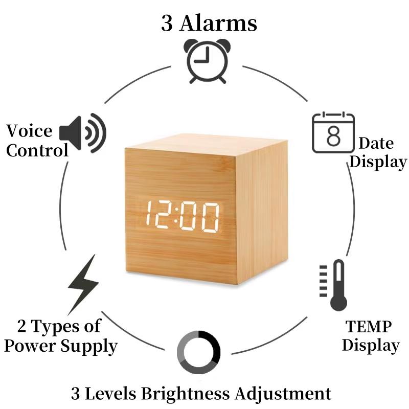 Alarm Clock LED Wooden Watch Table Voice Control Digital Wood Despertador USB/AAA Powered Electronic Desktop Clocks