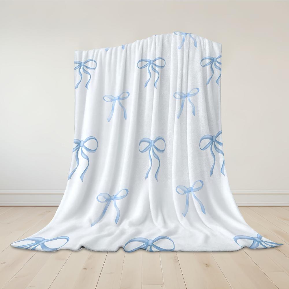 Baby Blue Bow Flannel Blanket Warm Soft Halloween Christmas Couch Warm Cozy Decorative Decor Gift for All Season