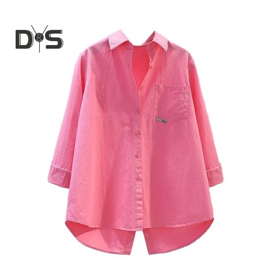 

Женская рубашка на весну и осень с отложным воротником, свободная однотонная однобортная рубашка средней длины, мягкая дышащая рубашка с длинным рукавом и разрезом на спине, неровный подол, женская M розовый