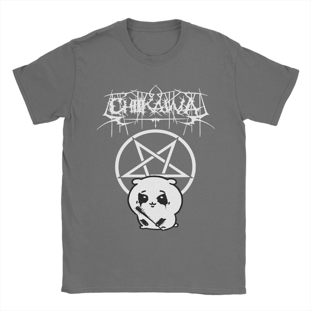 Chiikawas Black Metal T Shirts Men Cotton Amazing TShirt Round Collar Tees Short Sleeve Clothing Plus Size
