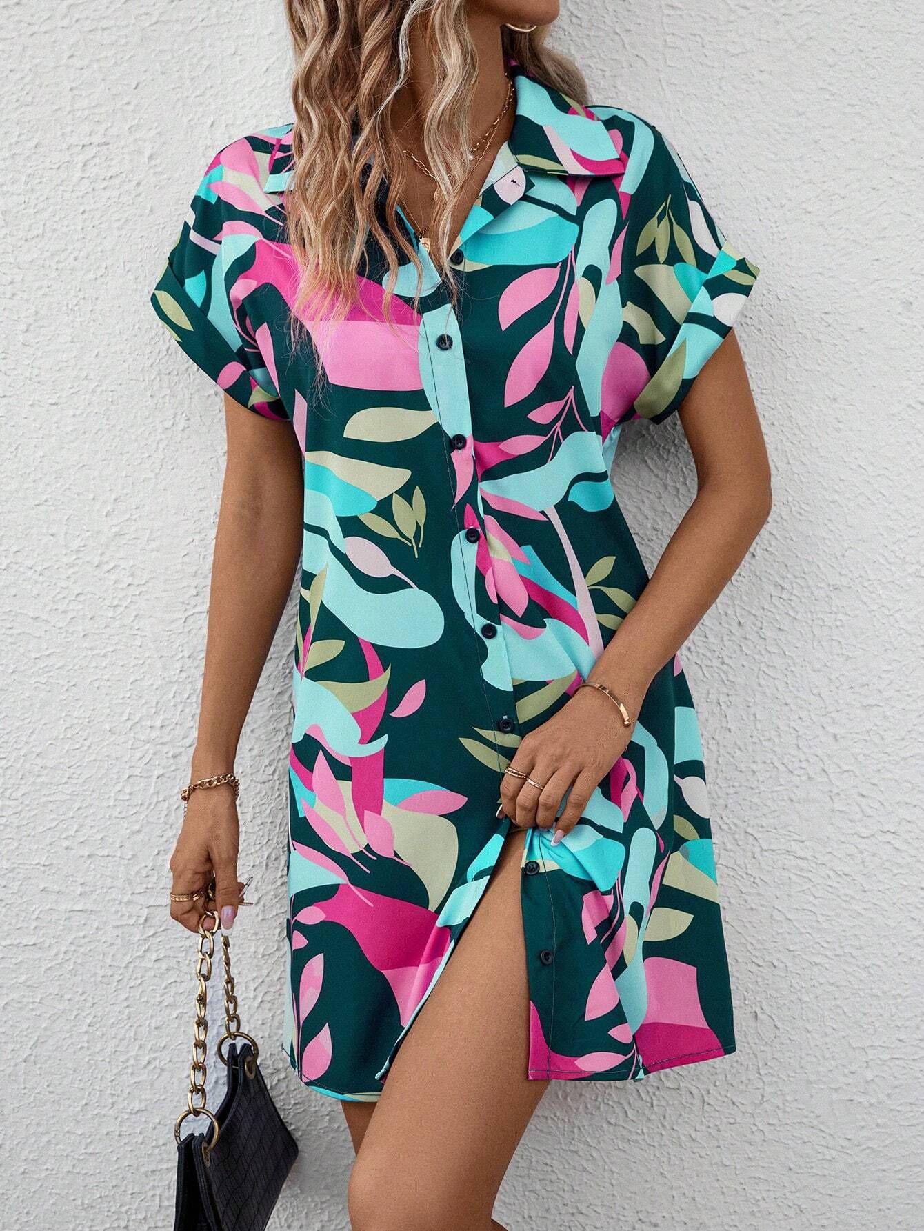 2026 Women s Summer Floral Print Short-Sleeve Cardigan Dress S