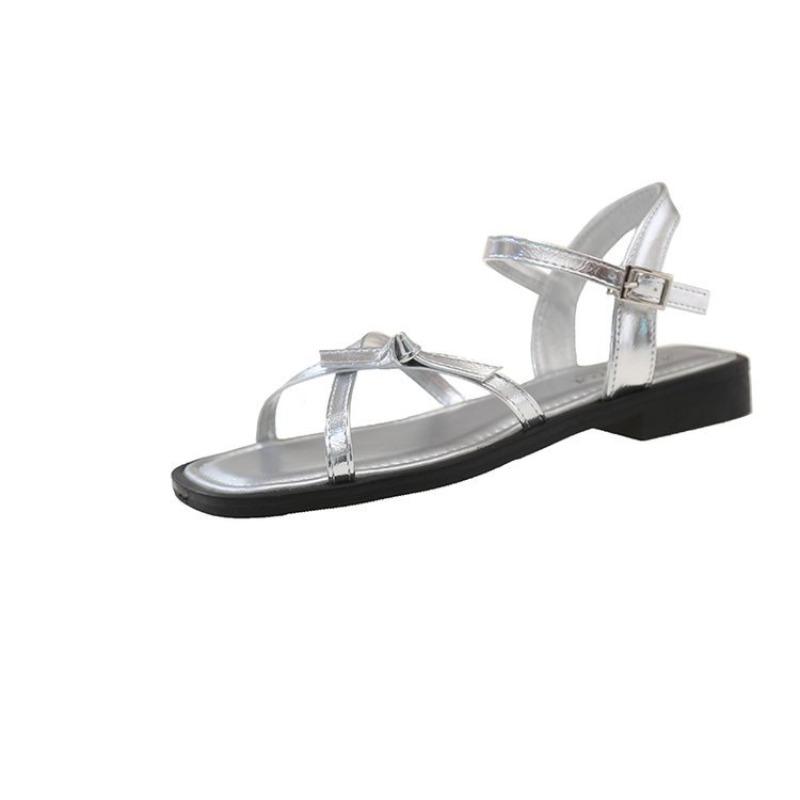 

Fashion silver square head sandals new summer thin strap beach shoes student cross strap cool 40 серебряный