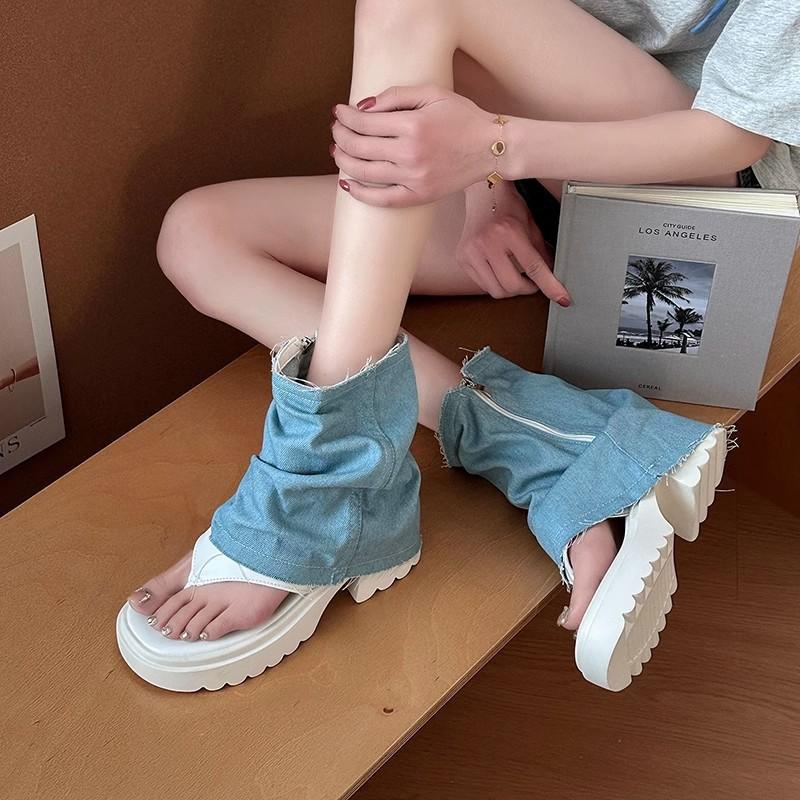 Trend fashion flip-flops hollow open-toed high-heeled long boots summer jeans cool boots women's cool boots fashion shoes