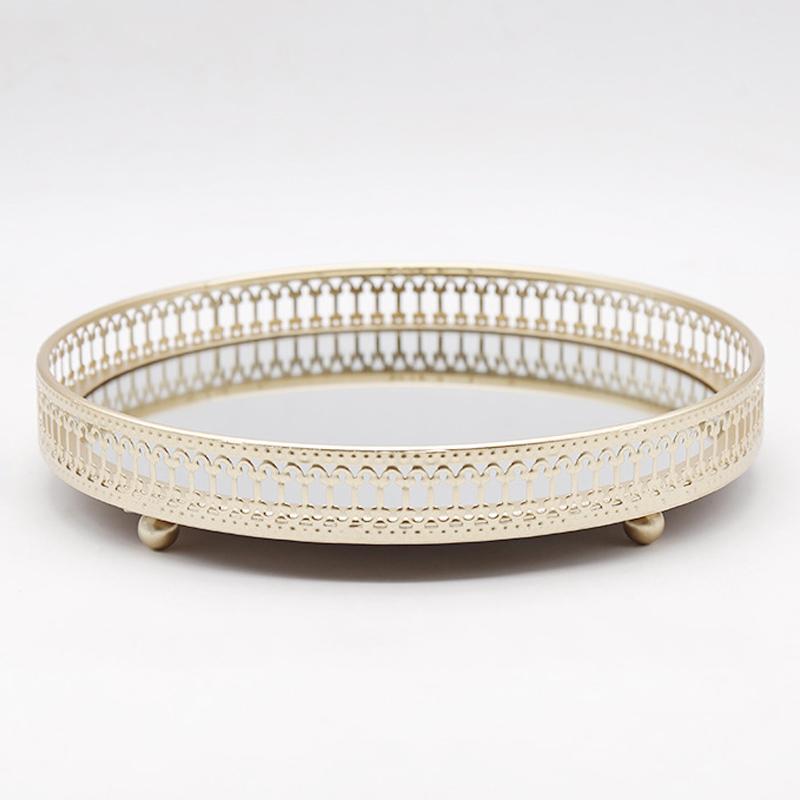 Nordic Light Luxury Style Golden Wrought Iron Glass Mirror Base Tray Living Room Desktop Jewelry Tray Household Storage Tray