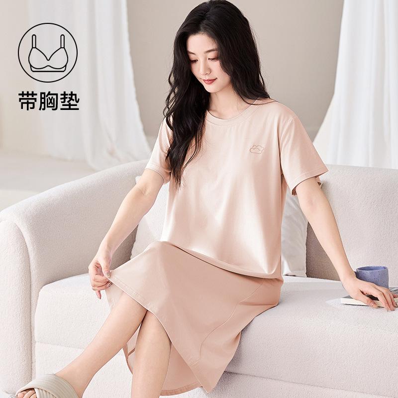 nightgown with chest pad women's summer pure cotton short-sleeved medium and long dress simple solid color summer can wear loungewear