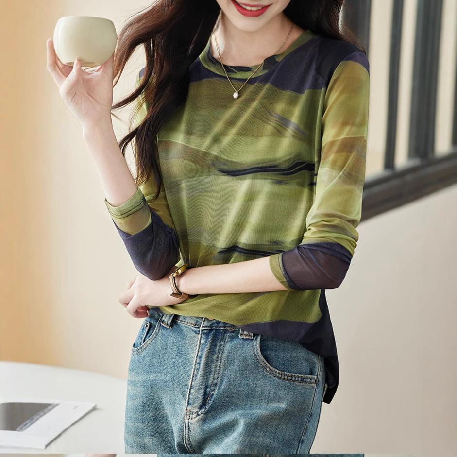 Long-sleeved Mesh T-shirt for Women In Spring Versatile Slim Base Shirt Fashionable Top