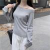 Women's Gray Off-Shoulder Asymmetric Slimming Long Sleeve Top - 2024 Trendy Autumn/Winter Versatile Style