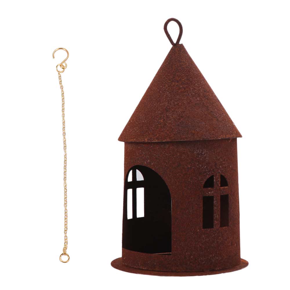 Iron Hanging Castle Candle Holder Rustic Hanging Bird Feeder Rusty Castle Candlestick for Garden