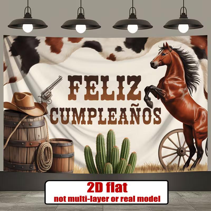 

Vintage Western Feliz Cumpleaños Tapestry, Cowboy Style with Barrel, Gun and Cow Print for Photo Booth 47.2x31.5inch/120*80cm