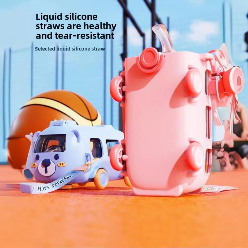 500ml Cute Bear Portable Water Bottle With Shoulder Strap for Kids, Car Straw Cup, Bus Shape Children's Drinking Cup