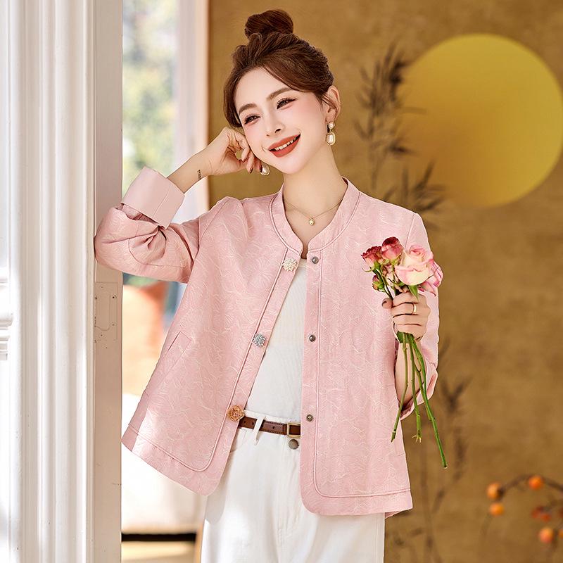 

2025 Women s Spring/Autumn Embroidered Round Neck Jacket - Chinese National Style, Single-Breasted RS2808 S (45-55 kg)