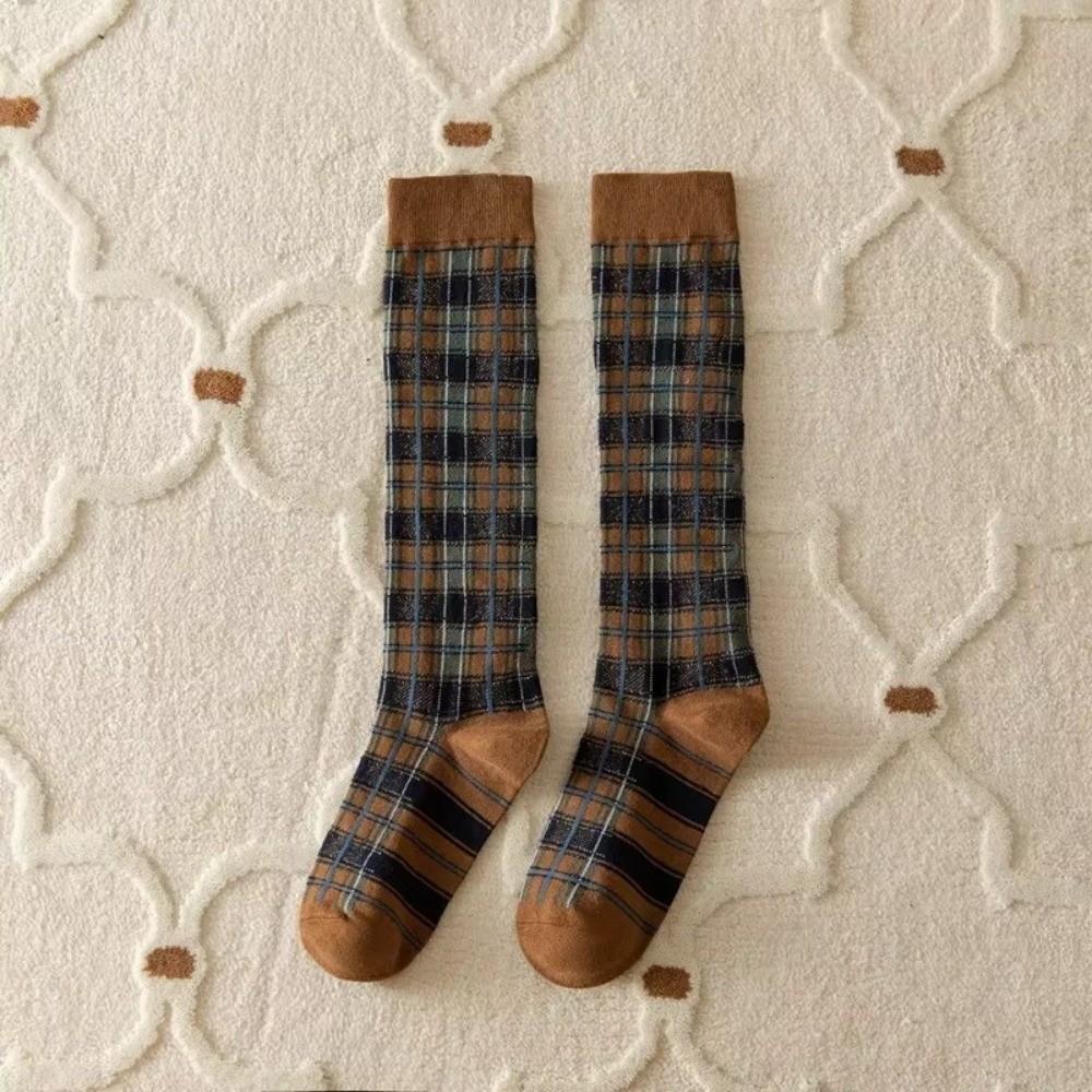 Cotton Plaid Long Socks Harajuku Retro School Girls Knee Socks Soft Women Stockings