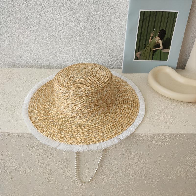 French pearl neck chain flat top straw straw hat sun hat women's summer versatile temperament socialite seaside hat