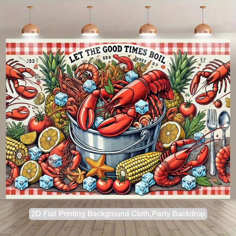 

2D Summer Cookout Backdrop, Seafood Bucket with Corn, Tomatoes & Spices Banner 47.2x31.5inch/120*80cm