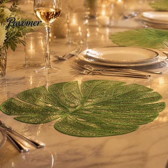 Flexible PVC Dining Mats Monstera Leaf Placemat, Hollow Table Mat, Waterproof Oil Proof Heat Washable Placemats Resistant for Wedding Banquet