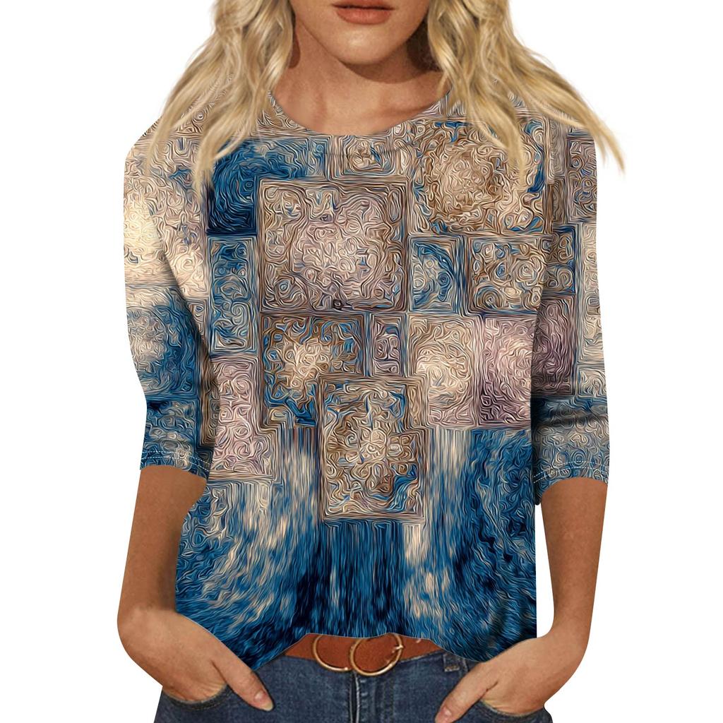 Trendy Vintage 3/4 Sleeve Top For Women,Ladies Casual Three Quarter Sleeve Round Collar Printed T-Shirt Blouse
