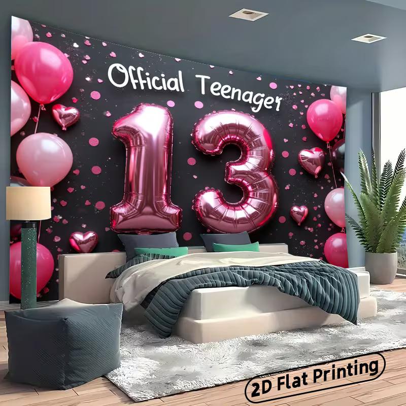 2D 13th Birthday Photo Booth Backdrop "Official Teenager" Pink Balloons Background