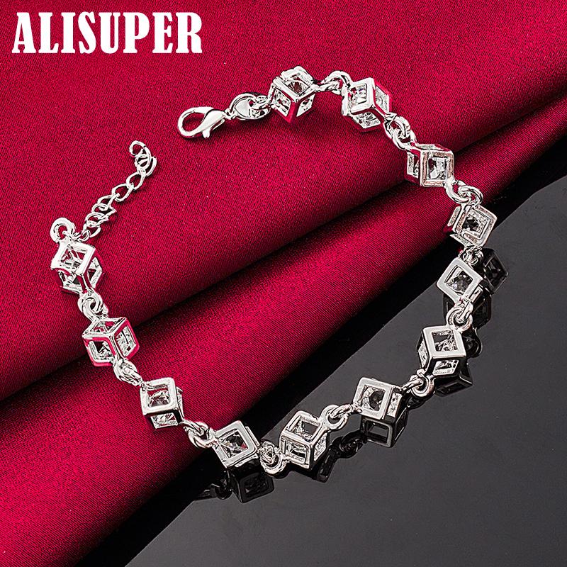 925 Sterling Silver Square AAA Zircon Chain Bracelet Jewelry