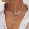 Personalized Diamond-Encrusted Cross Pendant Necklace, Hip-Hop Design Snake Bone Chain Stacked Necklace Women