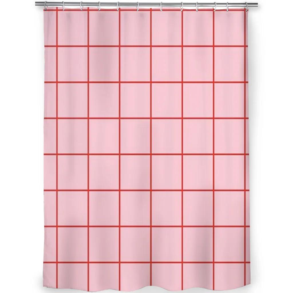 

Pink And Red Grid Pattern Design Unique Decor Modern Fabric Bathroom Shower Curtains Art Design Print Curtain Includes Hooks W60H190(CM)-1 Pcs