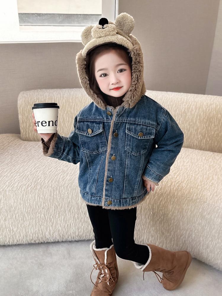 Girls' Fleece-Lined Denim Jacket - Warm Korean Style Autumn/Winter Cotton-Padded Top for Little Girls