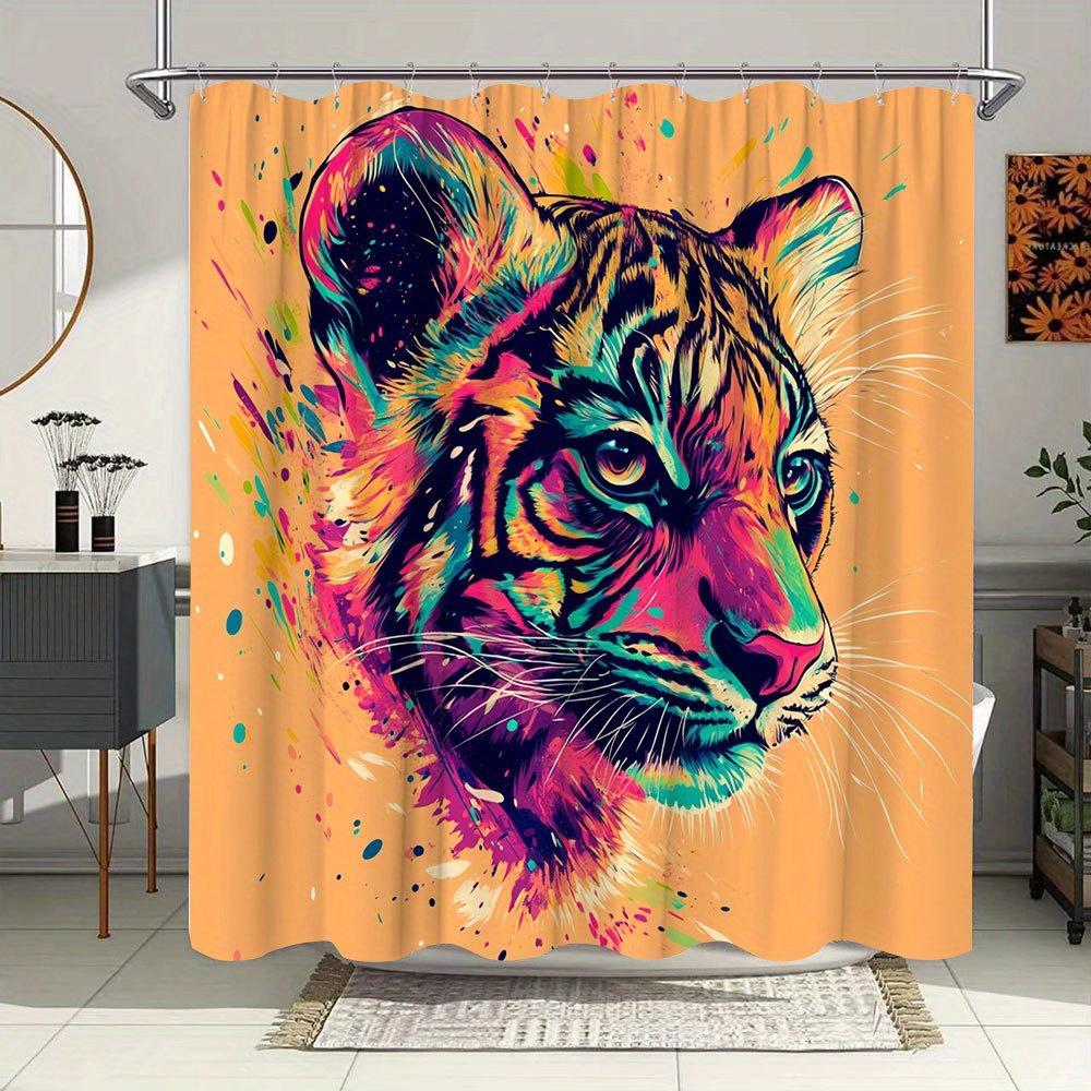 1pc Vibrant Tiger Shower Curtain - Abstract Art Design with Bold Pink, Blue, Green, Yellow Strokes, 70. 86x70. 86 Inches, Polyes