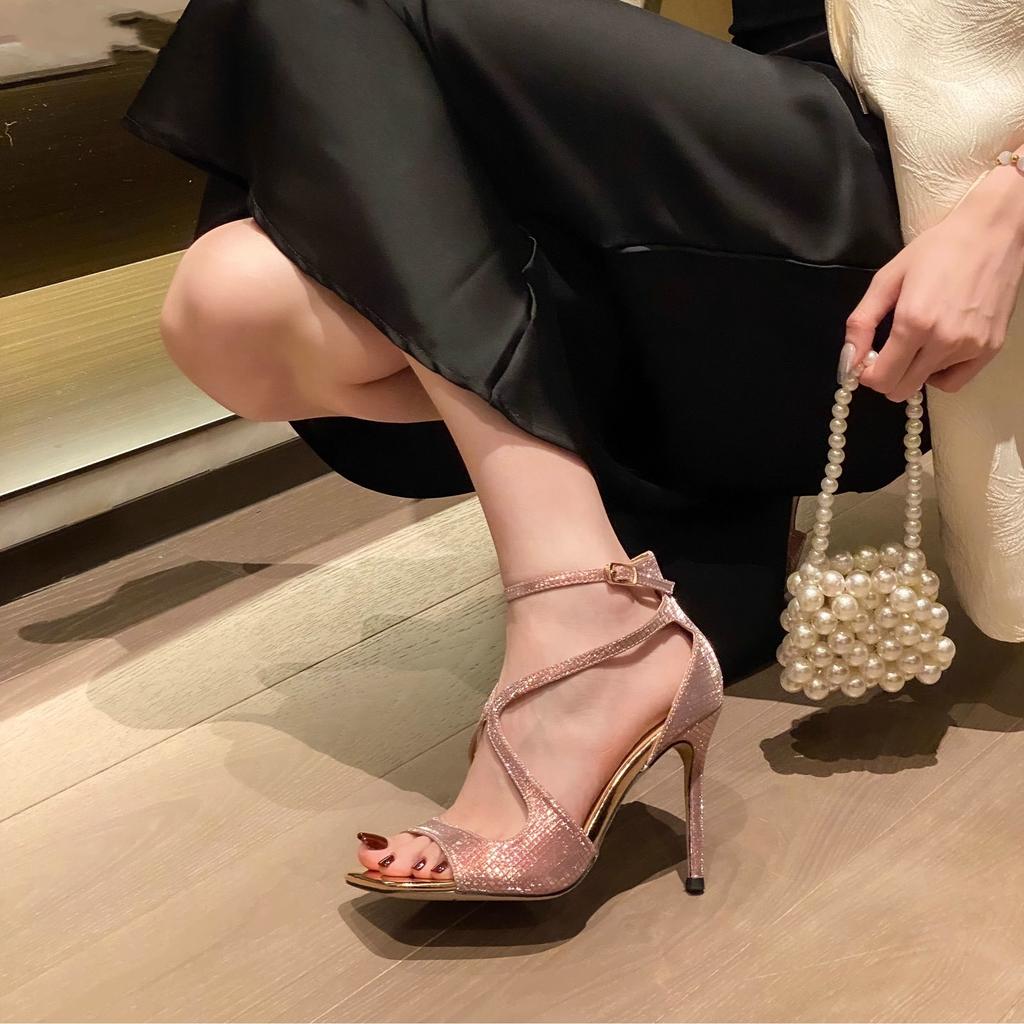 Open-toed sexy high heels sandals women's 2025 new fish mouth cross pink rhinestone square head summer fashion versatile