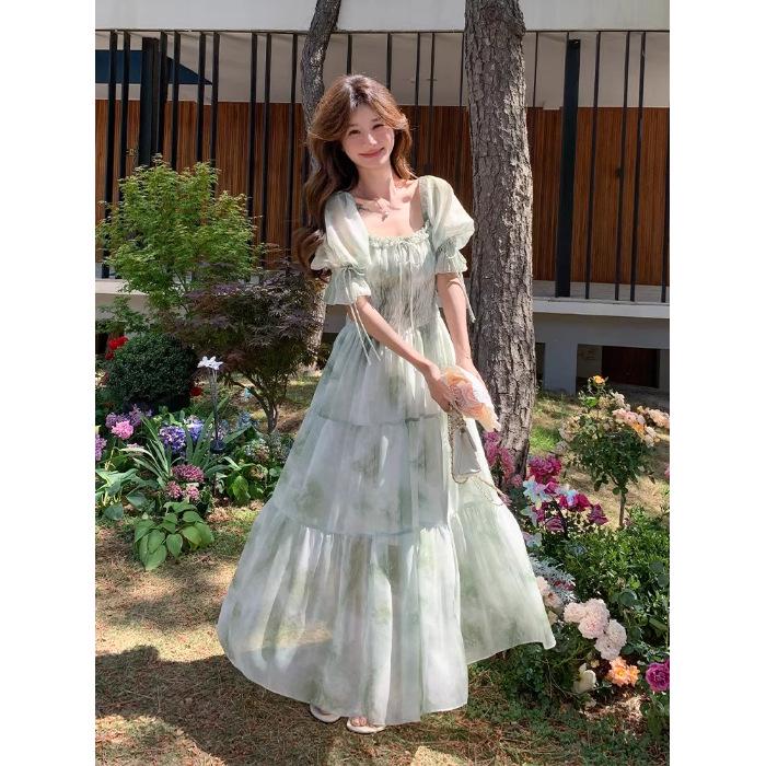 

French Romantic Square Neck Floral Dress for Spring & Autumn 2026 - Gentle, Elegant, Long Fairy Vacation Dress XL