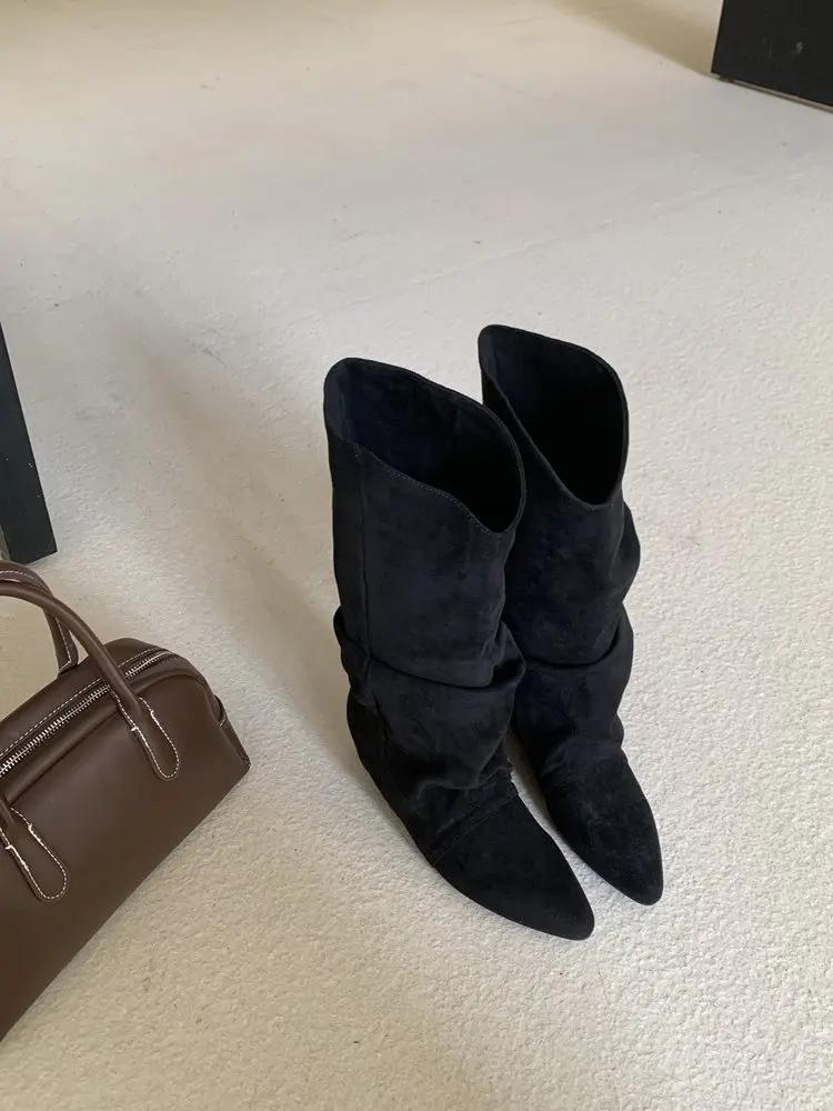 Pleated Woman Knee-High Boots Pointed Toe Internal Elevation Shoes Street Style Mordern Long Botas Mujer 2025 New
