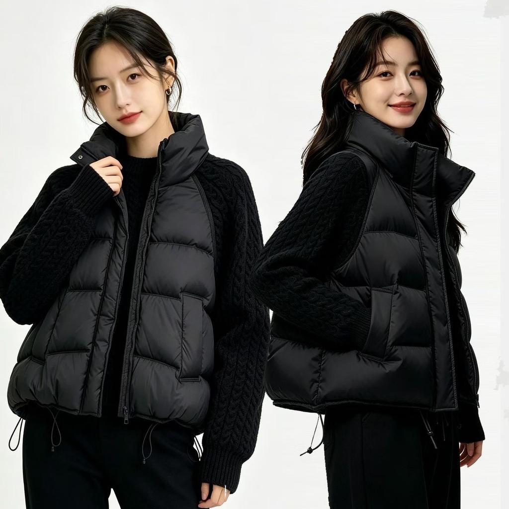Winter new twist knitted sleeves splicing cotton clothes women's stand-up collar short small thickened warm jacket