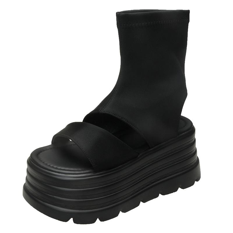 

Летние женские ботильоны на толстой подошве, увеличивающие рост, тонкие эластичные, универсальные, с рукавом на одну педаль, с открытым носком, крутые ботинки 39 чёрный
