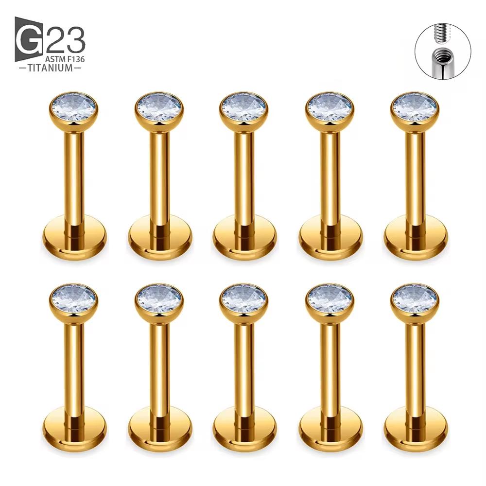 10Pc/50Pc G23 Ttianium Labret Ear Lip Stud Jewelry Square CZ Stone Cartilage Tragus Earring Tongue studs Threaded Body Jewelry