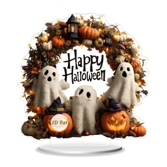 Halloween 2D Flat Acrylic Sign Cute Ghost Pumpkin Wreath Table Stand Decoration for Halloween Tiered Tray Home Office Decor