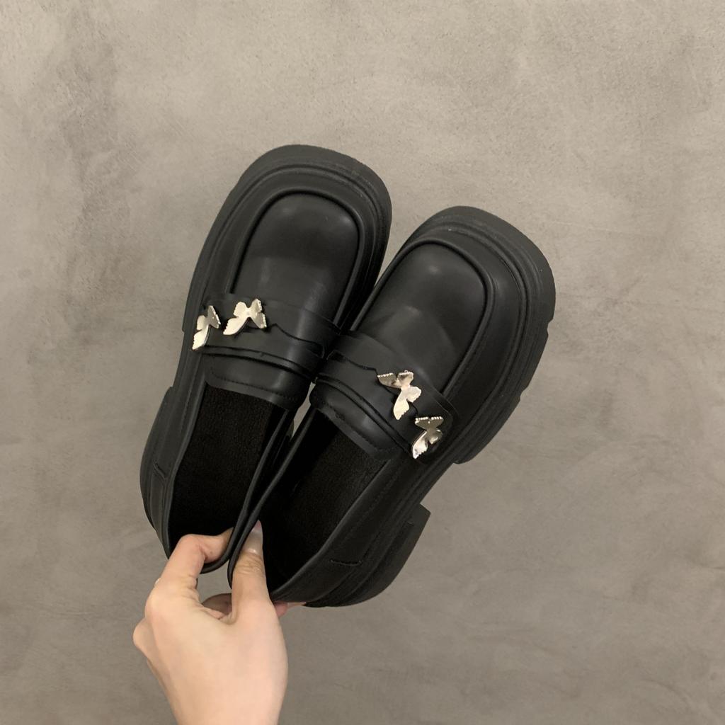 Retro Polished Small Leather Shoes Women's 2025 Spring New British Style Butterfly Versatile Thick Heel Platform Heightening Loafers