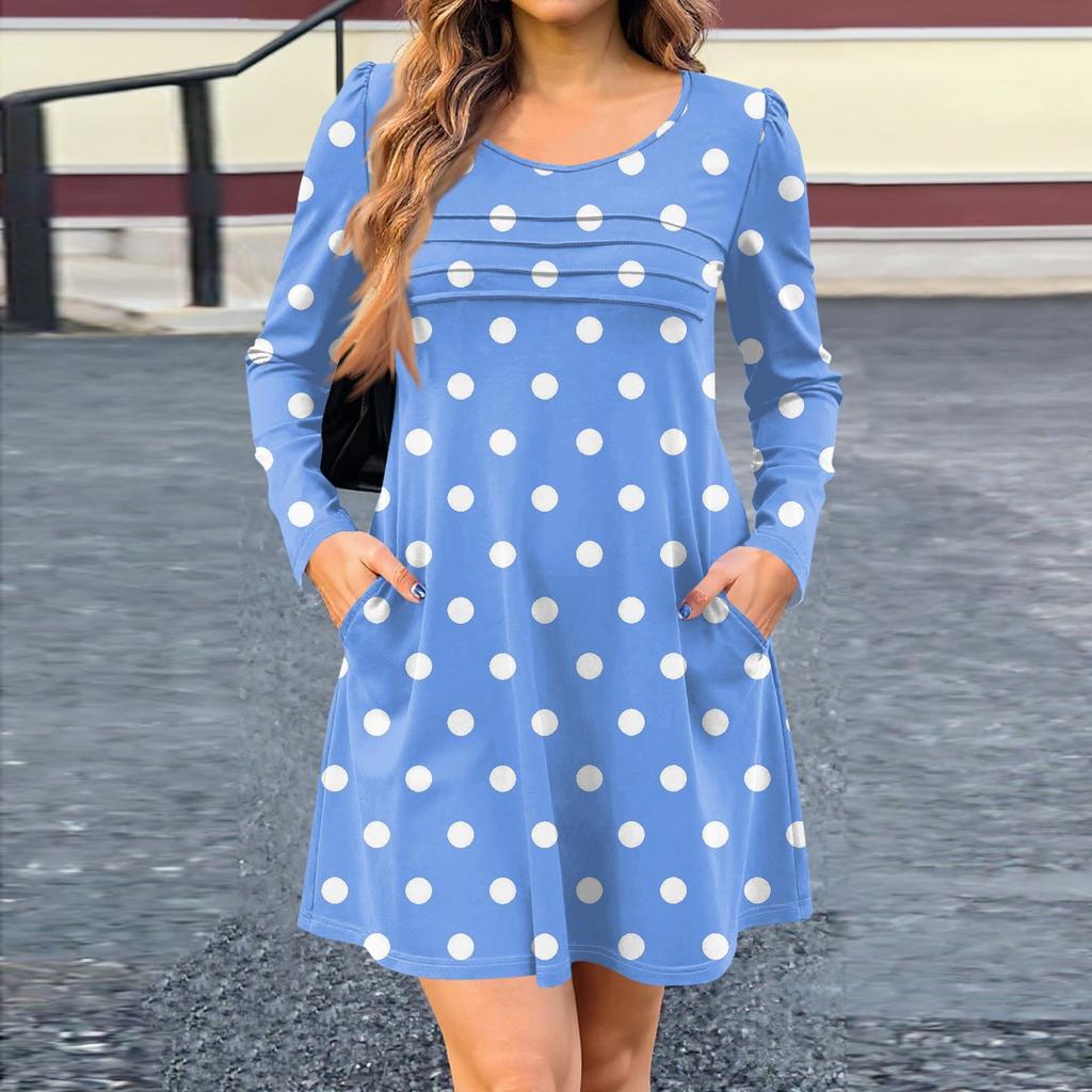 Women's Long Sleeve Dress Fall Casual T Shirt Loose Fit Pleated Front Dresses With Pockets