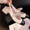 Summer New Chunky Heels Women Baotou After Empty Mary Jane Shoes Metal Chain Pearl One-line Buckle Sandals Large Size