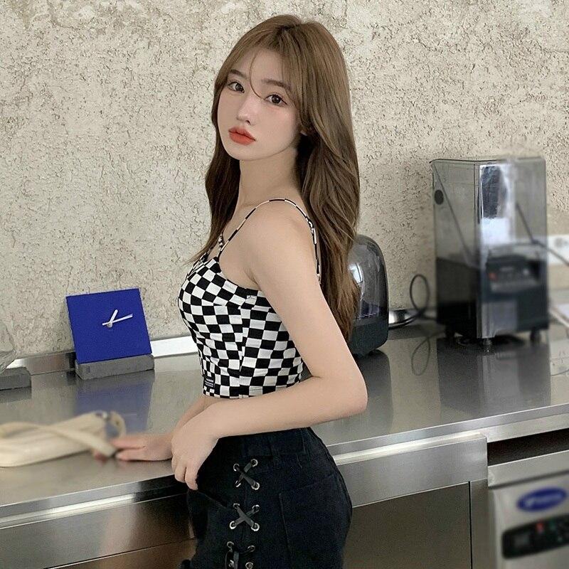 Women Korean Checkered Zipper Sexy Slim Camisole Short Top