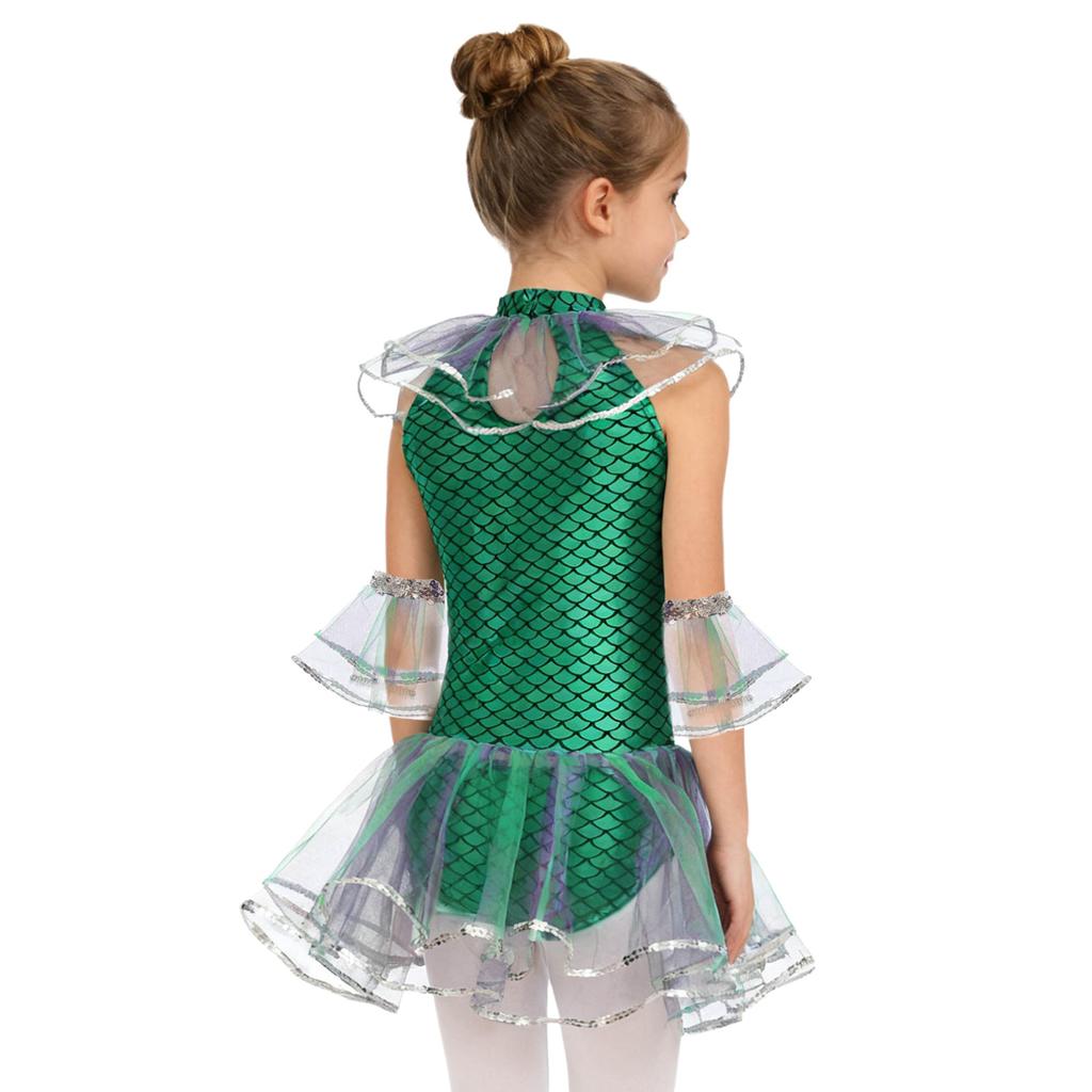 Kids Girls Mermaid Cosplay Costume: Sleeveless Mesh Sequins Bodysuit with Fish Scales Print & Arm Sleeves for Halloween Party