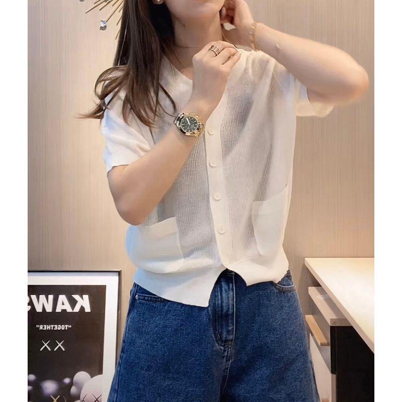 

round Collar, Blue Ice Silk Single-Breasted Pocket Cardigan T-shirt White [high quality fabric]] L