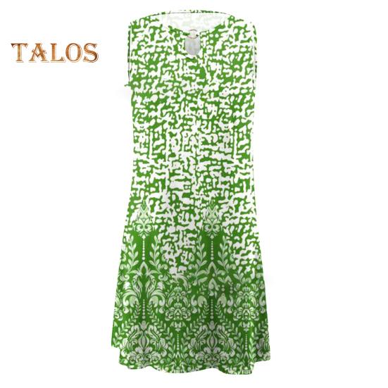 Damen Boho Ärmelloses Mini-Kleid Rundhalsausschnitt Bedrucktes Kurzes Tankkleid Sommer Lässig Strand Swing Sonnenkleid