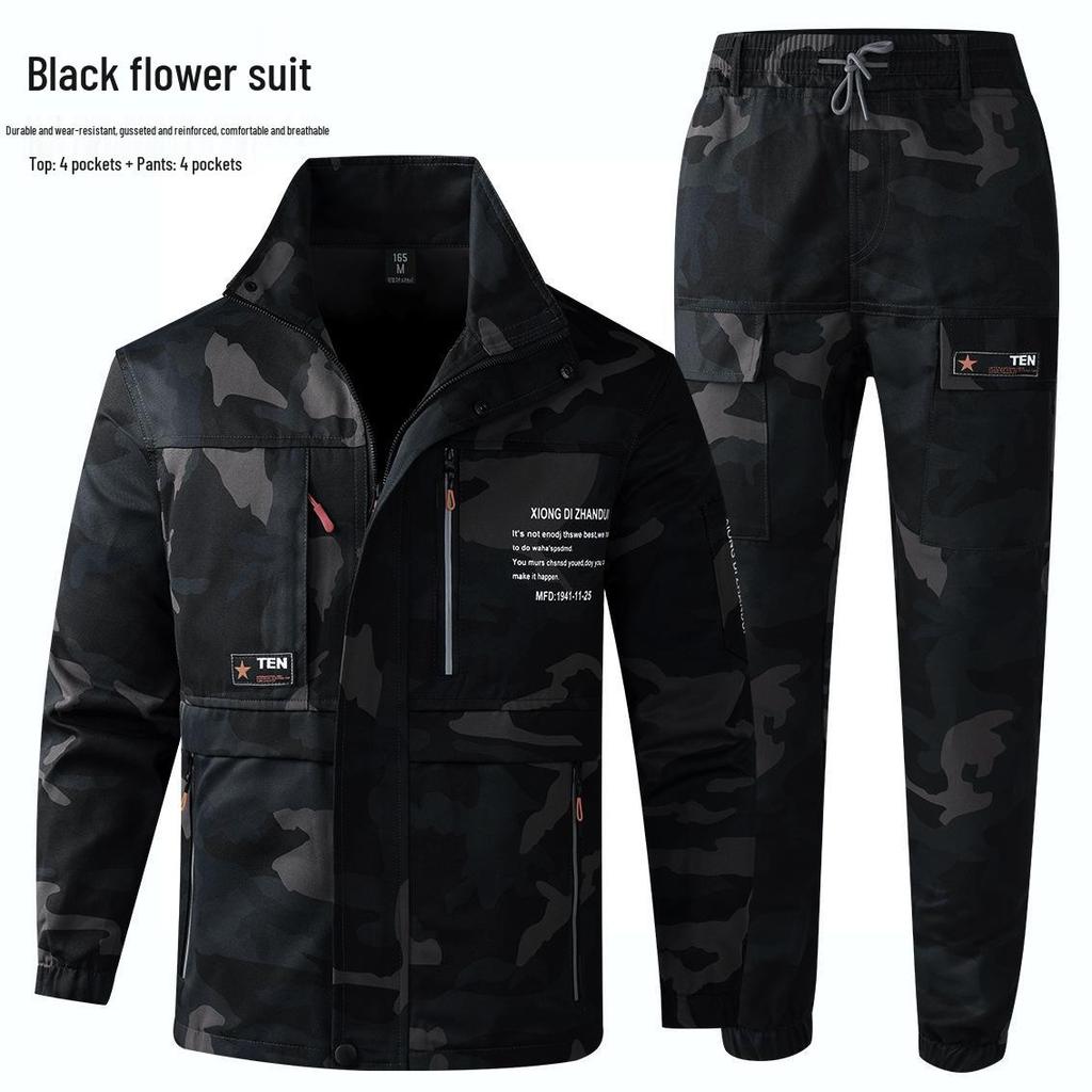 Men's Camouflage Workwear Set, Wear-Resistant Polyester-Cotton with Reflective Strips, Thickened for Spring & Autumn Outdoor Use