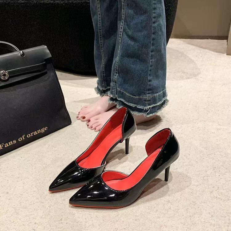 Red-soled High-heeled Shoes for Women's 2025 New Patent Leather Color-sensitive Side Empty Pointed Thin Heel Non-slip Light-mouth Women's Single Shoes