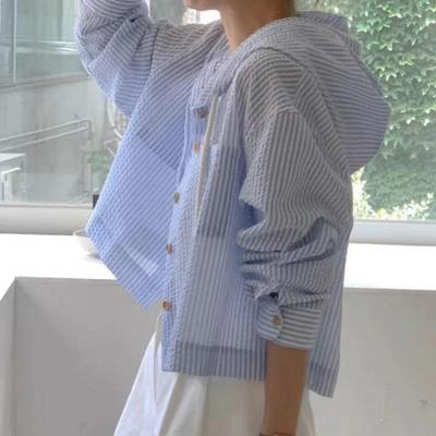 Sun Protection Hooded Shirt Women Striped Cardigan Single Breasted Top