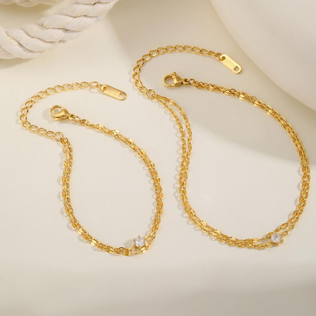Waterproof Layered Anklet Bracelet for Women, Adjustable Gold Plated with Zirconia Stainless Steel Link Foot Chain Jewelry